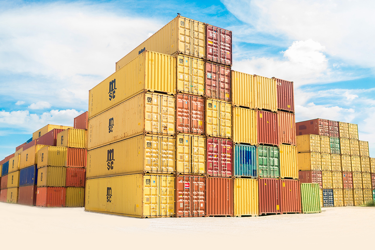 Brightly colored storage containers stacked in a ship yard